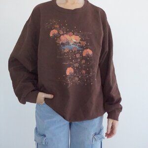 Vintage Jerzees Brown Autumn Landscape Cabin Lake Leaves Graphic Sweatshirt L